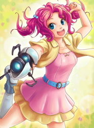 Size: 850x1150 | Tagged: safe, artist:ninjaham, pinkie pie, human, clothes, crossover, dress, female, humanized, open mouth, portal (valve), portal gun, solo