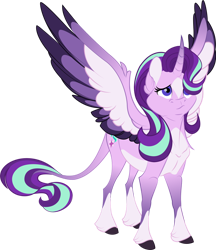 Size: 1024x1183 | Tagged: safe, artist:lisianthus, starlight glimmer, alicorn, pony, unicorn, alicornified, cloven hooves, colored wings, curved horn, cutie mark, female, hair over one eye, horn, leonine tail, mare, multicolored wings, race swap, simple background, socks (coat marking), solo, spread wings, star (coat marking), starlicorn, transparent background, unshorn fetlocks, wings, xk-class end-of-the-world scenario