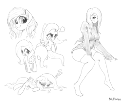 Size: 1524x1269 | Tagged: safe, artist:mlpanon, fluttershy, human, human ponidox, humanized, monochrome, simple background, sketch, white background