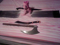 Size: 480x360 | Tagged: safe, pinkie pie, earth pony, pony, axe, barong machete, machete, parang machete, pinkamena diane pie, too many machetes