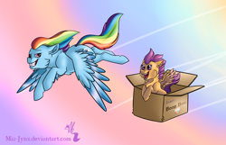 Size: 1280x824 | Tagged: safe, artist:miz-jynx, derpibooru import, rainbow dash, scootaloo, pegasus, pony, boop box, flying