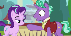 Size: 1043x531 | Tagged: safe, screencap, firelight, starlight glimmer, pony, unicorn, the parent map, cutie mark, displeased, father and child, father and daughter, female, lidded eyes, looking down, male, mare, oops, parent and child, sire's hollow, stallion