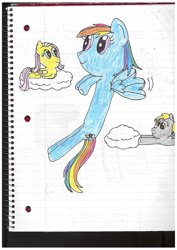 Size: 1241x1754 | Tagged: safe, artist:nightshadowmlp, derpibooru import, derpy hooves, fluttershy, rainbow dash, pegasus, pony, cloud, flying, lined paper, prone, traditional art