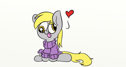 Size: 1366x728 | Tagged: safe, artist:littleflaky, derpy hooves, pony, clothes, cute, derpabetes, heart, silly, silly pony, simple background, solo, sweater, tongue out