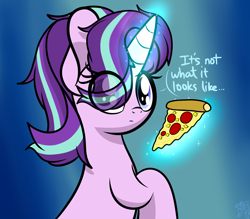 Size: 4000x3500 | Tagged: safe, artist:kimjoman, starlight glimmer, pony, unicorn, cute, eye clipping through hair, female, food, glowing horn, gradient background, levitation, looking at you, looking back, magic, meat, pepperoni, pineapple pizza, ponies eating meat, pure unfiltered evil, raised hoof, sitting, solo, telekinesis, text, that pony sure does love pineapple pizza