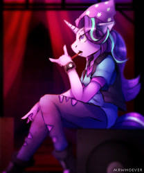 Size: 500x600 | Tagged: safe, artist:lostdreamm, starlight glimmer, anthro, plantigrade anthro, unicorn, equestria girls, mirror magic, spoiler:eqg specials, beanie, breasts, cleavage, clothes, equestria girls outfit, female, food, hat, pocky, ripped pants, shirt, sitting, solo, vest