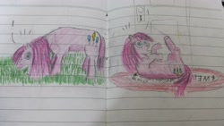 Size: 4128x2322 | Tagged: safe, artist:horsesplease, pinkie pie, earth pony, pony, carpet, eating, grazing, herbivore, horses doing horse things, lined paper, oh no, on back, open mouth, pinkie clone, rolling, surprised, traditional art, wide eyes