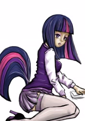 Size: 2480x3508 | Tagged: safe, artist:shinshiphen, derpibooru import, twilight sparkle, human, clothes, high heels, humanized, moderate dark skin, solo, stockings, tailed humanization