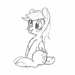 Size: 927x926 | Tagged: safe, artist:trickydick, derpy hooves, pegasus, pony, blush sticker, blushing, chest fluff, cute, female, grayscale, mare, monochrome, simple background, sitting, sketch, solo, tongue out, white background