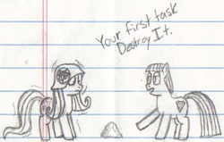 Size: 495x314 | Tagged: safe, fluttershy, maud pie, pegasus, pony, lined paper, monochrome, rock, traditional art