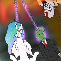 Size: 1000x1000 | Tagged: artist needed, safe, princess celestia, oc, oc:anon, alicorn, human, pony, chains, clothes, frown, god of war, greek mythology, hades, kratos, looking down, necktie, shirt, suit, sweatdrop