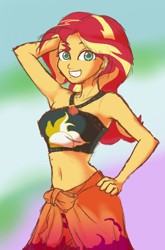 Size: 710x1075 | Tagged: safe, artist:noupu, sunset shimmer, better together, equestria girls, forgotten friendship, arm behind head, armpits, belly button, bikini, bikini top, clothes, cute, female, geode of empathy, looking at you, midriff, pose, shimmerbetes, smiling, swimsuit