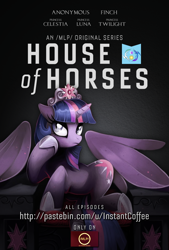 Size: 700x1036 | Tagged: safe, artist:isseus, artist:ved, princess celestia, princess luna, twilight sparkle, twilight sparkle (alicorn), oc, oc:anon, alicorn, pony, /mlp/, female, house of cards, mare, parody, sitting, solo