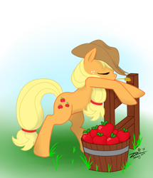 Size: 1000x1164 | Tagged: safe, artist:zaricat, applejack, earth pony, pony, apple, bucket, fence, gradient background, grass, mouth hold, sleeping, solo