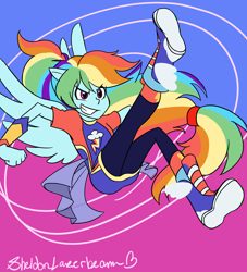 Size: 2052x2263 | Tagged: safe, artist:34choco, derpibooru import, rainbow dash, human, better together, equestria girls, clothes, cute, dashabetes, female, kick, ponied up, smiling, solo, super ponied up