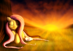 Size: 1700x1200 | Tagged: safe, artist:rinnsa, angel bunny, fluttershy, pegasus, pony, duo, eyes closed, grass, lying, lying down, sleeping, smiling, sunset, tree, under the tree