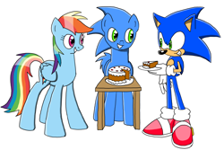 Size: 1280x854 | Tagged: safe, artist:megaartist923, derpibooru import, rainbow dash, oc, oc:sonic dash, pegasus, pony, anthro ponidox, birthday, birthday cake, cake, crossover, happy birthday, paradox, ponified, self ponidox, sonic the hedgehog, sonic the hedgehog (series)