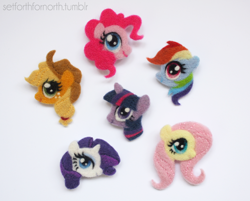 Size: 700x563 | Tagged: safe, artist:chloenart, derpibooru import, applejack, fluttershy, pinkie pie, rainbow dash, rarity, twilight sparkle, earth pony, pegasus, pony, unicorn, brooch, craft, felt, mane six, needle felted