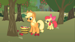 Size: 1366x768 | Tagged: safe, screencap, apple bloom, applejack, earth pony, pony, call of the cutie, apple, apple orchard, apple sisters, apple tree, duo, female, filly, foal, food, mare, orchard, sisters, tree