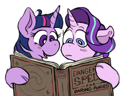 Size: 1117x852 | Tagged: safe, artist:nelfs, starlight glimmer, twilight sparkle, pony, unicorn, book, duo, reading