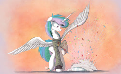 Size: 2000x1229 | Tagged: safe, artist:ncmares, princess celestia, alicorn, pony, castle sweet castle, arizona state university, clothes, hidden confetti cannon, messy mane, missing accessory, pillow, solo