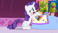 Size: 1280x720 | Tagged: safe, rarity, pony, unicorn, crying, kermit the frog, solo, the muppets