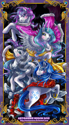 Size: 600x1081 | Tagged: safe, artist:anniemsson, majesty, princess celestia, princess silver swirl, alicorn, pony, g1, g2, g3, royalette, square crossover