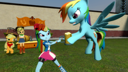 Size: 1366x768 | Tagged: safe, artist:migueruchan, derpibooru import, applejack, rainbow dash, equestria girls, 3d, angry, cider, cider dash, fight, gmod, human ponidox