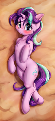 Size: 1593x3500 | Tagged: safe, artist:alcor, starlight glimmer, pony, semi-anthro, unicorn, adorasexy, alcor is trying to murder us, blushing, body pillow, body pillow design, cheek fluff, chest fluff, cute, ear fluff, embarrassed, eyelashes, female, floppy ears, fluffy, from above, glimmerbetes, high res, hnnng, hoof fluff, human shoulders, leg fluff, looking at you, mare, nervous, on back, on side, open mouth, pose, sexy, shoulder fluff, shy, solo