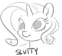 Size: 319x288 | Tagged: safe, artist:nobody, edit, rarity, pony, unicorn, :t, cropped, disembodied head, ear fluff, expressions, female, lineart, mare, monochrome, silly, simple background, slut, smiling, solo, white background, wide eyes