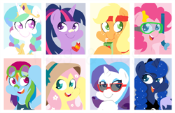 Size: 1200x776 | Tagged: safe, artist:frog&cog, applejack, fluttershy, pinkie pie, princess celestia, princess luna, rainbow dash, rarity, twilight sparkle, alicorn, earth pony, pegasus, pony, unicorn, clothes, happy, hat, mane six, smiling, summer, swimsuit