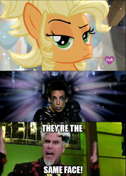 Size: 599x835 | Tagged: safe, applejack, hondo flanks, earth pony, pony, simple ways, applejewel, ben stiller, crazy pills, duckface, mugatu, will ferrell, zoolander