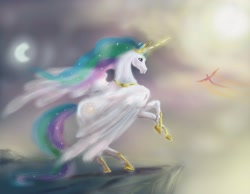 Size: 4000x3100 | Tagged: safe, artist:littlenicepony, philomena, princess celestia, alicorn, pony, cliff, majestic, moon, realistic, rearing, sun