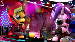 Size: 3840x2160 | Tagged: safe, artist:whiteskyline, bon bon, dj pon-3, lyra heartstrings, starlight glimmer, sunset shimmer, sweetie drops, vinyl scratch, earth pony, pony, 3d, 4k, bottle, clothes, female, glasses, high res, mare, nightclub, signature, source filmmaker