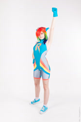 Size: 1414x2121 | Tagged: safe, artist:raspbearyart, artist:sodo_chan, derpibooru import, rainbow dash, human, armpits, cosplay, irl, irl human, photo