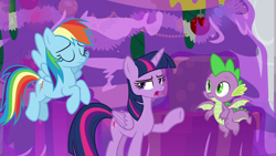 Size: 1280x720 | Tagged: safe, derpibooru import, screencap, rainbow dash, spike, twilight sparkle, twilight sparkle (alicorn), alicorn, dragon, pegasus, pony, the hearth's warming club, winged spike