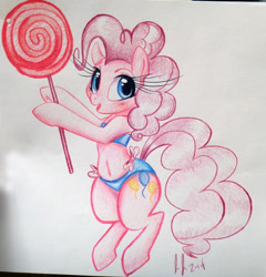 Size: 800x833 | Tagged: safe, artist:prettypinkpony, pinkie pie, earth pony, pony, belly button, bikini, clothes, cute, diapinkes, lollipop, solo, swimsuit, traditional art