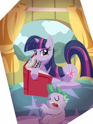 Size: 1000x1333 | Tagged: safe, artist:cakewasgood, derpibooru import, spike, twilight sparkle, dragon, bed, book