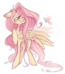 Size: 800x900 | Tagged: safe, artist:ninidoodles, fluttershy, butterfly, pegasus, pony, hair over one eye, solo