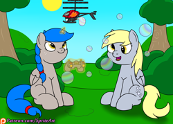 Size: 1400x1000 | Tagged: safe, artist:spritepony, derpy hooves, oc, oc:sprite, alicorn, pony, alicorn oc, bubble, controller, cute, helicopter, park, patreon, patreon logo