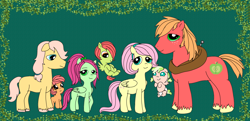 Size: 2784x1344 | Tagged: safe, artist:purfectprincessgirl, big macintosh, fluttershy, oc, oc:spring melody, earth pony, pegasus, pony, fluttermac, male, offspring, parent:big macintosh, parent:fluttershy, parents:fluttermac, shipping, stallion, straight