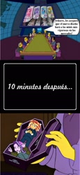 Size: 705x1529 | Tagged: safe, starlight glimmer, sunset shimmer, equestria girls, clothes, coffin, dead, doll, equestria girls minis, face, parody, simpsons did it, spanish, the simpsons, toy