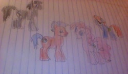 Size: 640x373 | Tagged: safe, artist:gracie_cleopatra, pinkie pie, oc, oc:cut purse, oc:red, oc:torque, earth pony, pony, lined paper, traditional art