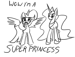 Size: 1024x772 | Tagged: safe, artist:mindofnoodles, princess celestia, twilight sparkle, twilight sparkle (alicorn), alicorn, pony, female, mare, monochrome