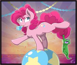 Size: 1024x865 | Tagged: safe, artist:crimson-mane, artist:joey darkmeat, gummy, pinkie pie, earth pony, pony, balancing, ball, confetti, duo, party horn, signature