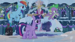 Size: 1920x1080 | Tagged: safe, derpibooru import, screencap, rainbow dash, spike, twilight sparkle, twilight sparkle (alicorn), alicorn, dragon, pegasus, pony, the hearth's warming club, female, flying, male, mare, snow, trio, winged spike