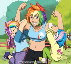 Size: 886x800 | Tagged: safe, artist:hazurasinner, derpibooru import, rainbow dash, oc, oc:harmony (hazurasinner), oc:windy belle, human, belly button, clothes, cute, daaaaaaaaaaaw, female, hnnng, humanized, humanized oc, magical lesbian spawn, mother and child, mother and daughter, muscles, offspring, parent and child, parent:fluttershy, parent:rainbow dash, parents:flutterdash, sisters, sports bra, sports shorts, tanktop