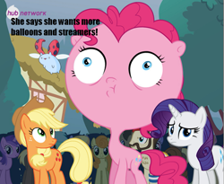 Size: 551x452 | Tagged: safe, edit, edited screencap, screencap, applejack, pinkie pie, rarity, earth pony, pony, unicorn, simple ways, bravest warriors, catbug, inflated head