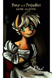 Size: 1280x1904 | Tagged: safe, artist:fauxsquared, applejack, anthro, clothes, dress, literary parody, parody, pride and prejudice, solo, tumblr:it's always sunny in canterlot