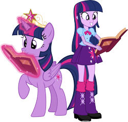 Size: 3314x3164 | Tagged: safe, artist:vector-brony, derpibooru import, twilight sparkle, twilight sparkle (alicorn), alicorn, equestria girls, big crown thingy, book, element of magic, human ponidox, magic, reading, simple background, square crossover, transparent background, vector